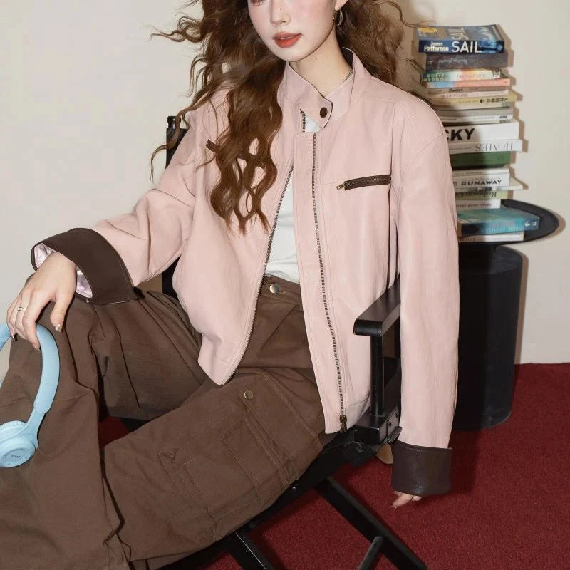 Pink Vintage Biker Pu Jacket Women Long Sleeve American Casual Y2K Coat Fall Winter Moto Female O Neck Streetwear Retro Top voguable