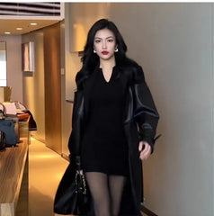 Autumn Long Black Patchwork Pu Leather Trench Coat for Women Double Breasted Loose Stylish Luxury Designer Clothing