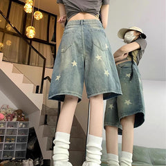 Y2K Star Printed Denim Shorts Women Fashion High Waist Wash Knee Length Jeans Bf Summer Streetwear Loose Wide Leg Pants voguable