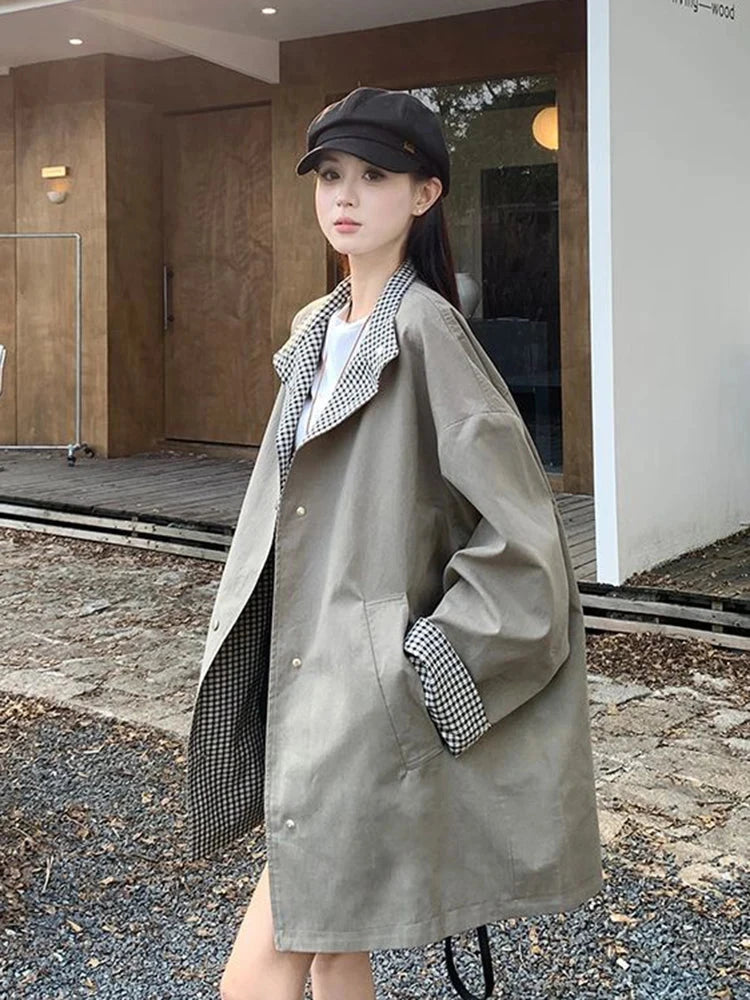 Korean Chic Elegant Jacket Women Loose Design Double Sided Wear Plaid Coat Fall Fashion Long Sleeve Sweet Pockets Outwear voguable