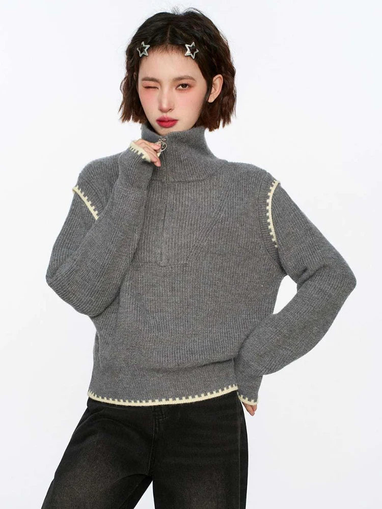 Streetwear Retro Gray Sweaters Women Loose Harajuku Long Sleeve Knitted Pullover Y2K American Turtleneck Vintage Jumper New voguable