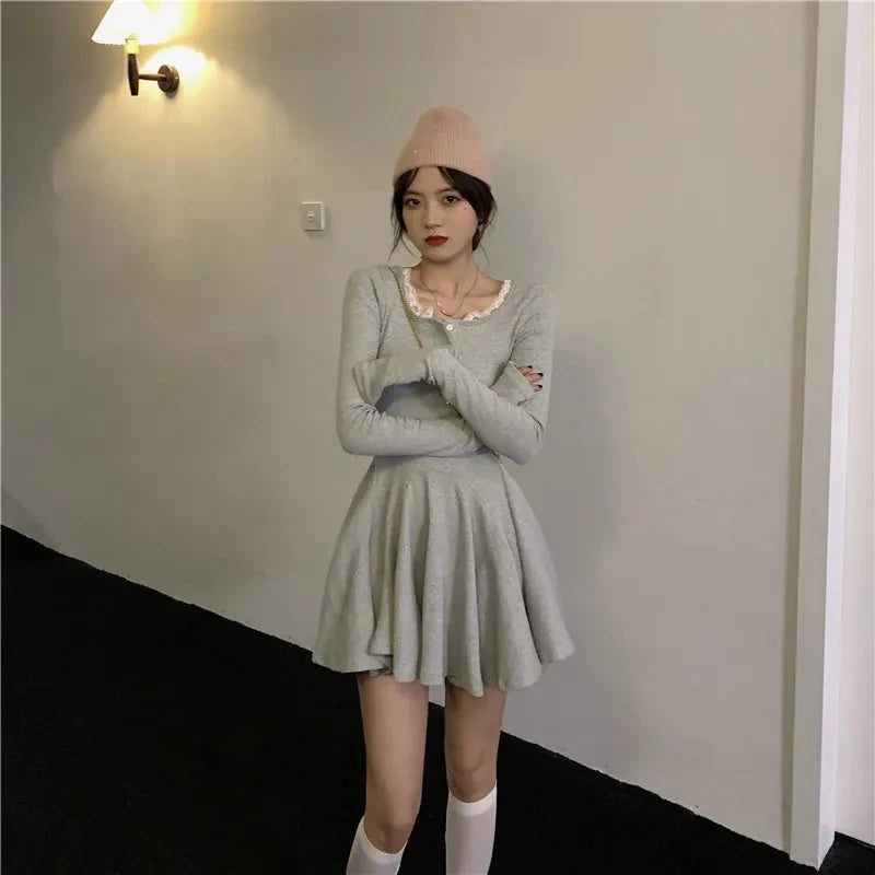 Black Lace Patchwork Dress Women Korean Chic Square Collar Long Sleeve Mini Dress Fall Fashion Preppy All-Match Bottoming Dress voguable