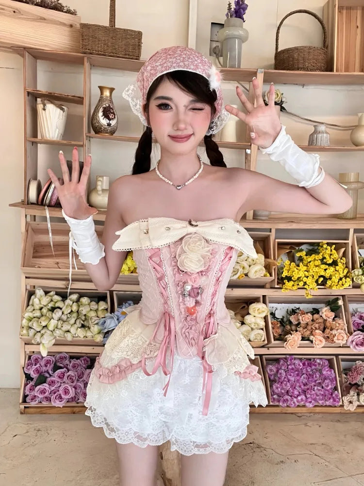 Bow Slash Neck Lace Up Pink Corset Crop Tops White Lace Patchwork Ruffled High Waist Shorts 2 Piece Sets Womens Outifits voguable