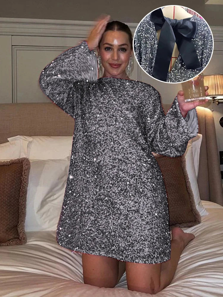 Fashion Shining Sequin Mini Dress For Women Long Sleeve Bowknot Chic Short Dresses Female Elegant Holiday Evening Party Looks voguable