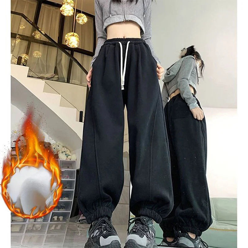 Sports Sweatpants Women Winter New High Waist Thermal Plus Fleece Wide Leg Drawstring Casual Elastic Waist All-match Trousers voguable