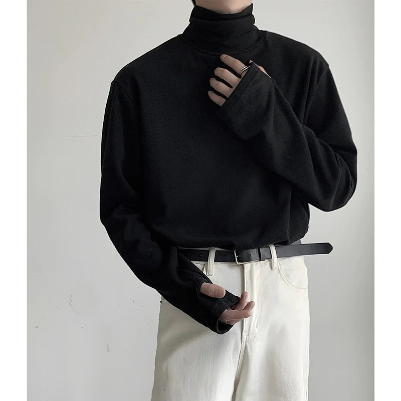 High Collar T Shirt Men Oversized Fashion Black White Casual Tshirt Men Korean Loose Long Sleeve T-shirt Mens Top M-2XL voguable