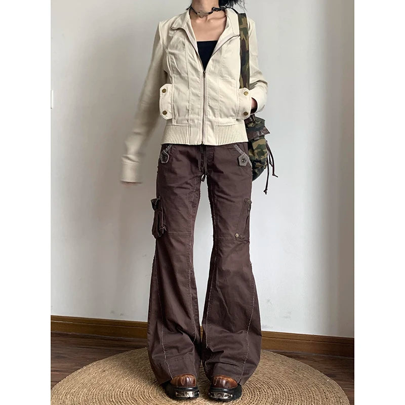 Brown Spliced High Rise Flare Jeans for Women Streetwear Y2K Aesthetic Cargo Jean Pants Vintage Denim Trousers Grunge Fairycore voguable