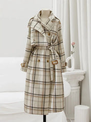 Autumn Winter Long Loose Warm Plaid Wool Blends Trench Coat for Women Raglan Sleeve Belt Double Breasted Woolen Overcoat voguable