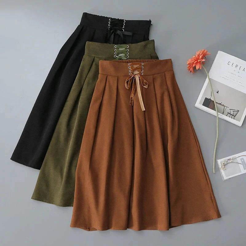 Preppy Style Vintage Long Skirts Women High Waist Sweet Loose A Line Skirt Lace Up Retro Fall Winter Female Elegant Long Skirts voguable