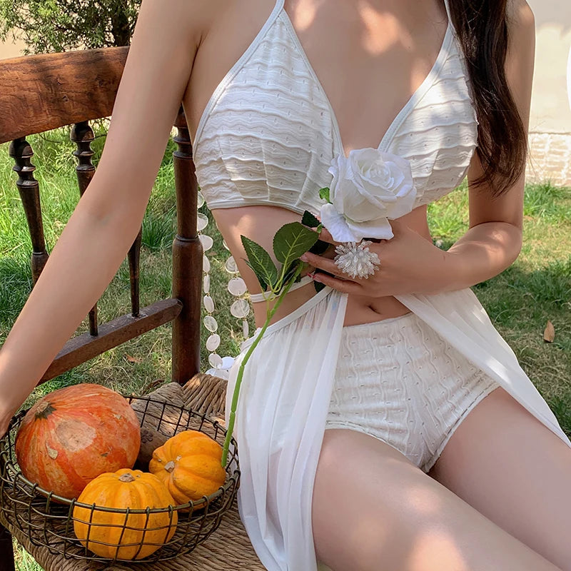 Elegant Sexy Swimsuit Women Beach Holiday Wear Bikini Korean Fashion Hot Spring Swimwear White Girls Monokini Summer