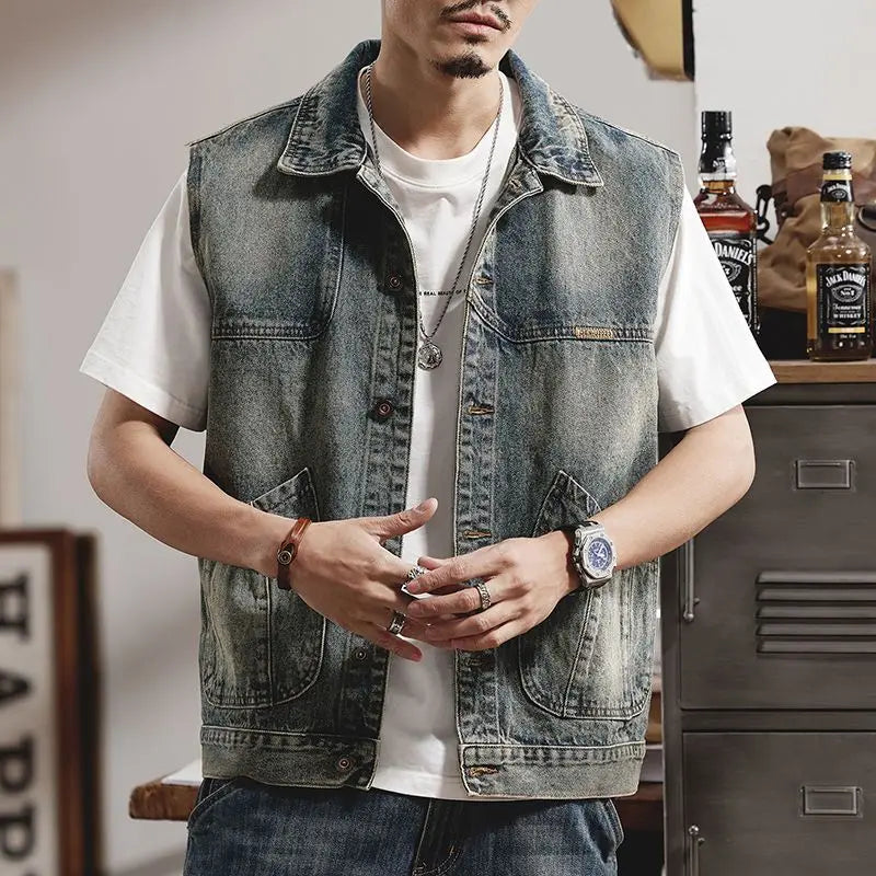 Voguable  Retro Color Blocked Denim Vest Jacket Men's Korean Version Loose Straight Tube Sleeveless Outer Jacket Vest Top voguable