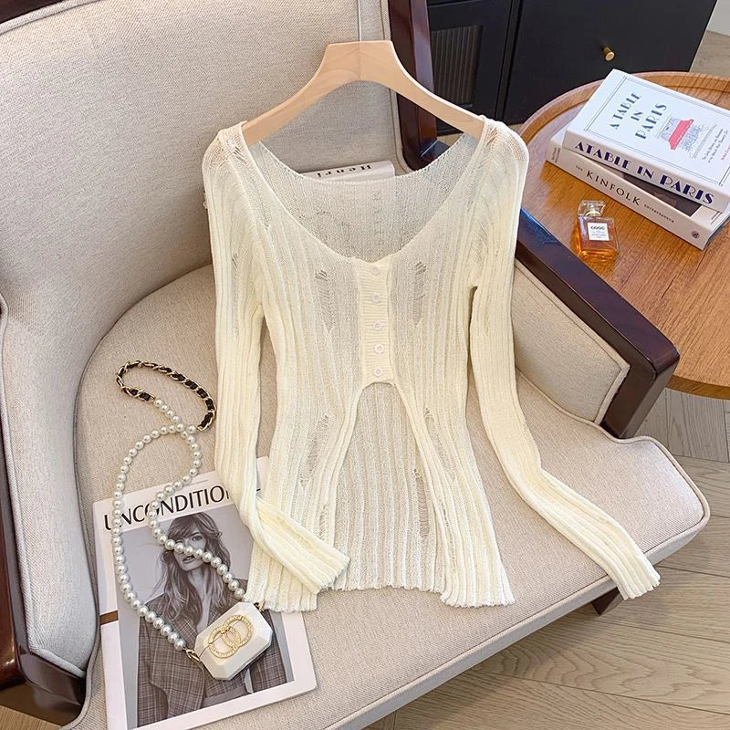Hollow Out Knitted Cardigan Women Y2K Korean Sexy Streetwear Hole Long Sleeve Sweaters Summer Fashion Thin Irregular Female Tops voguable