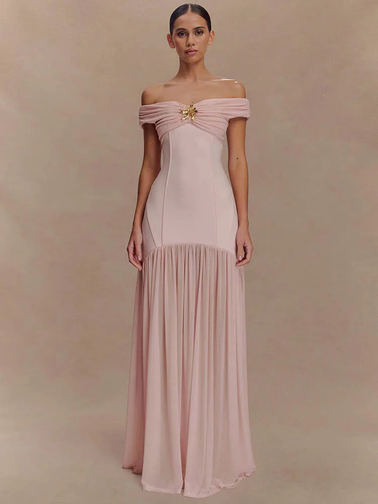 Off-shoulder Backless Sexy Maxi Dress Women Metal Flower Pink Patchwork Sleeveless Ruched Pleated Club Party Dress 2025 voguable