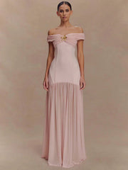 Off-shoulder Backless Sexy Maxi Dress Women Metal Flower Pink Patchwork Sleeveless Ruched Pleated Club Party Dress 2025 voguable