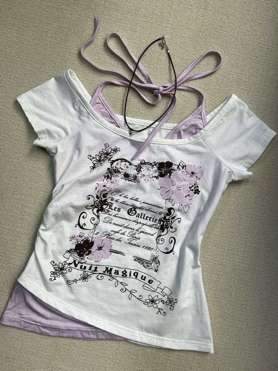 Voguable  Summer Fake Two Pieces Vintage T-shirts Halter Bandage Y2k Aesthetic Slim Crop Grunge Print Tops Women Harajuku Casual Sexy Tee voguable