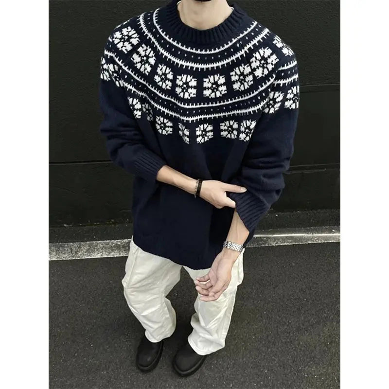 Vintage Navy Blue Sweater Jacquard O-Neck Knit Pullover New Autumn Winter Loose Couple Knitted Sweater Tops Aesthetic Streetwear voguable