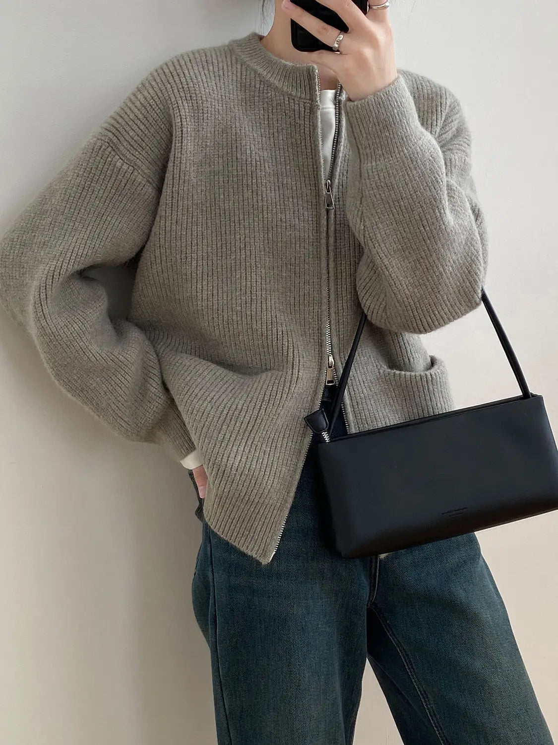 Sweater Cardigan Women Autumn Double Zipper Casual Korean Knitwear Coat Solid Color Loose Soft Long Sleeve Jackets Outerwear voguable