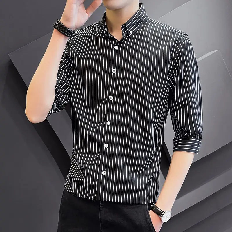 Voguable  Summer Men's Striped Seven Quarter Sleeve Shirt Youth Fashion Korean Version Slim Fit Five Quarter Sleeve Shirt voguable