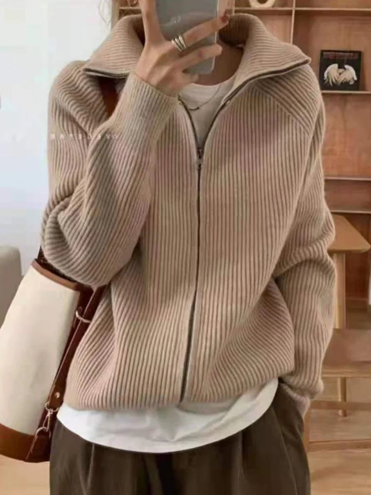 Voguable  Casual Knitted Cardigan Sweaters Women Autumn Vintage Zip-up Solid Loose Long Sleeve Tops Knitwear Chic Kpop voguable