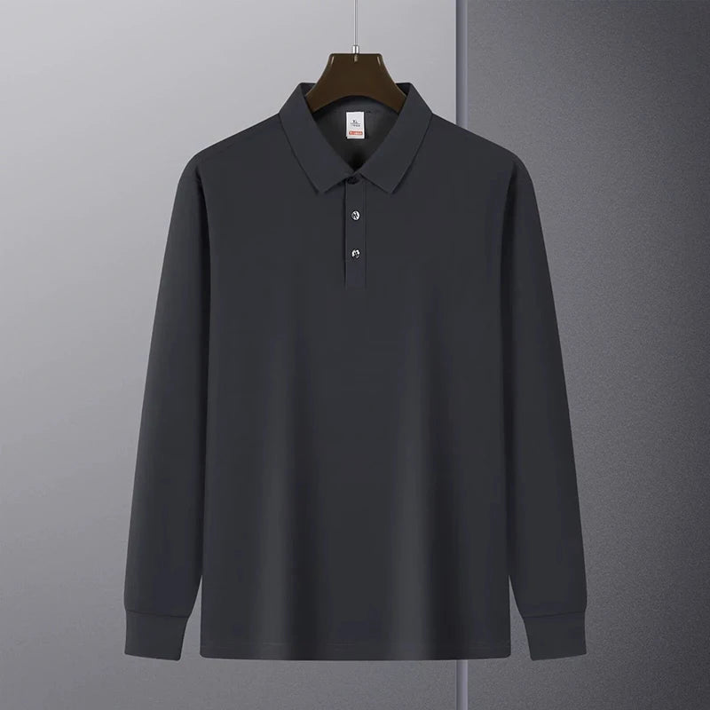 New American Retro Men Polo Shirt Light Luxury Solid Color Slim-fit Commuting Long Sleeve T-shirt Leisure Business Pullover Tops voguable
