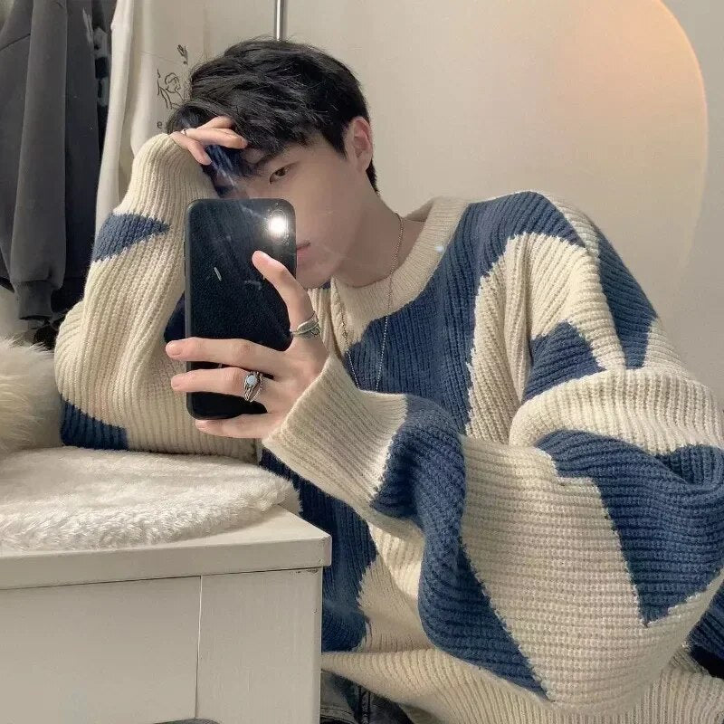 Autumn O-Neck Knit Sweater for Men Cow Patchwork Pullover Men Loose Casual Harajuku Korean Fashion Mens Oversized Sweater voguable