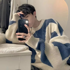 Autumn O-Neck Knit Sweater for Men Cow Patchwork Pullover Men Loose Casual Harajuku Korean Fashion Mens Oversized Sweater voguable