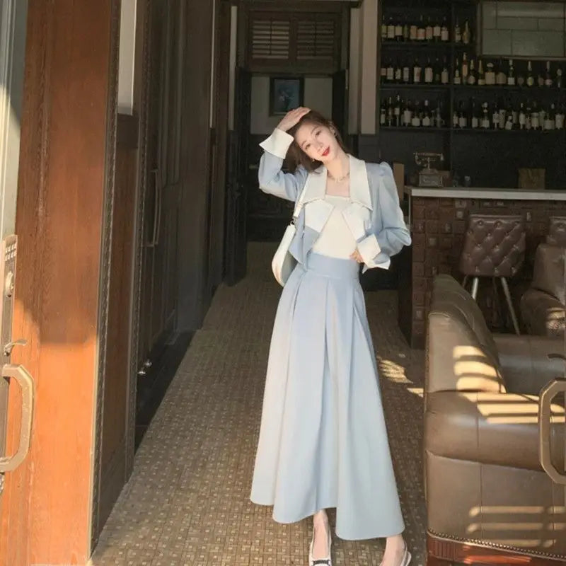 Voguable  Autumn Elegant 2 Piece Dress Set Women Slim Vintage Party Office Lady Korean Suit Long Sleeve Crop Tops + Casual Midi Skirt voguable