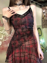 Voguable  Grunge Aesthetic Y2k Plaid One Piece Dress Women Sexy Slim Vintage Lace Mini Dresses Party Fashion Mesh Casual Harajuku Clothing voguable