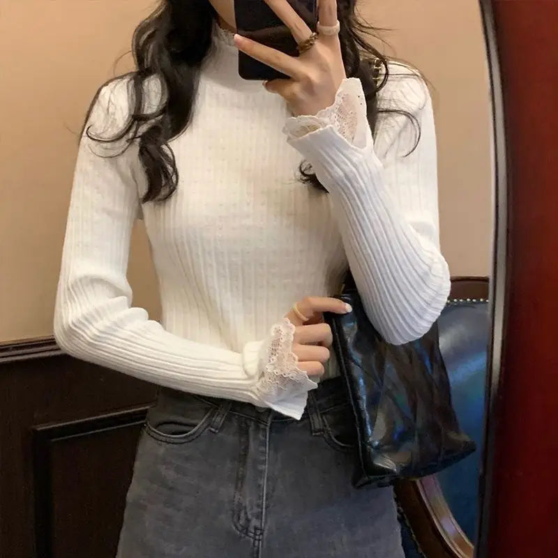 Autumn Winter New Sweaters Women Solid Mock Neck Lace Temperament Fashion Long Sleeve Slim Pullovers Bottoming Shirt Knit Tops voguable