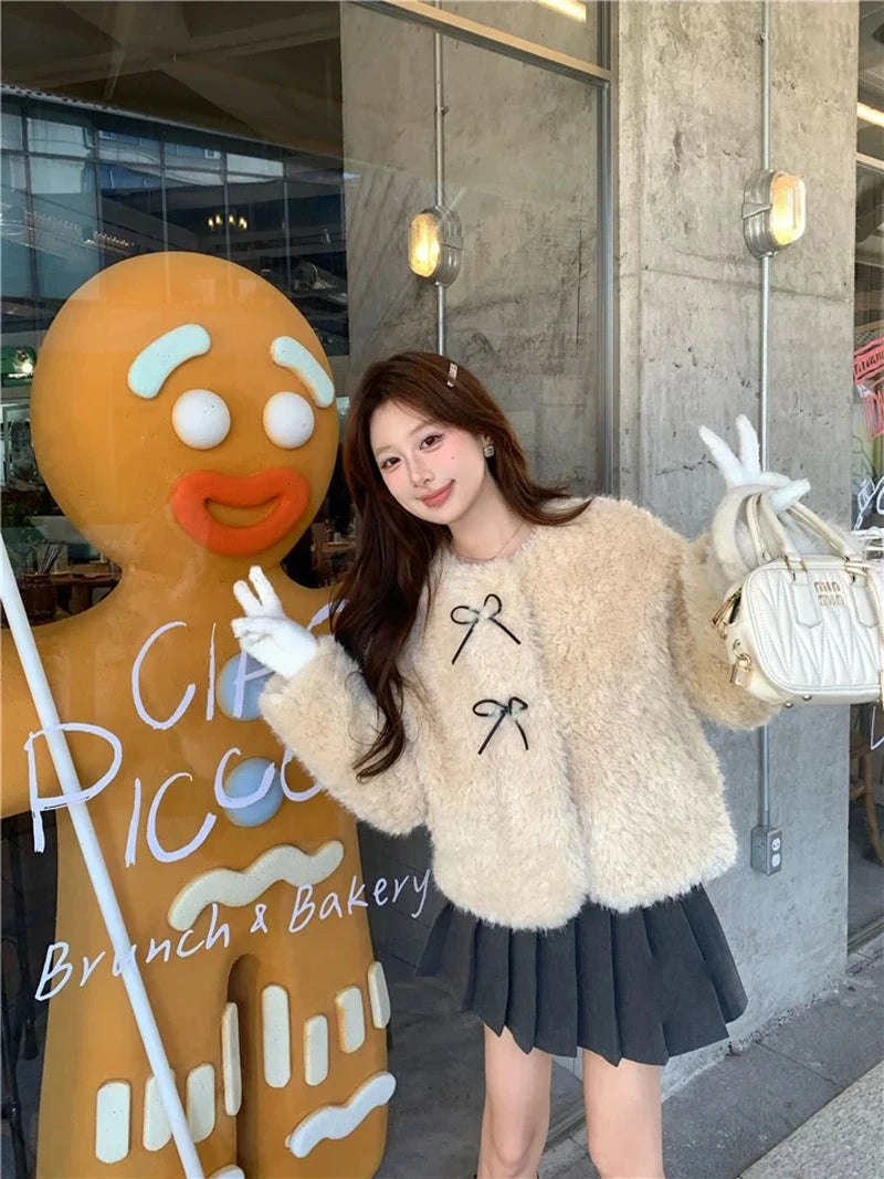 Cute Bow Faux Lamb Coat Women Sweet Winter Long Sleeve O Neck Jacket Slim Warm Korean Female Fashion Preppy Style Outwear Tops voguable