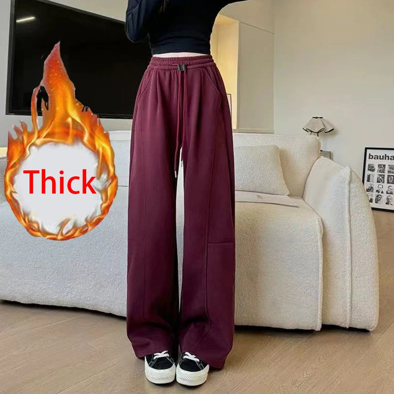 Drawstring Wide Leg Sports Pants Women Autumn Winter Thick Warm Casual Sweatpants Woman Elastic High Waist All Match Trousers voguable