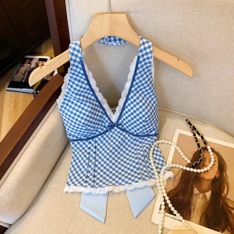 French Sweet Spicy Camis Hanging Neck Camisole Lace Patchwork Plaid Print Short Top Sexy Deep V-neck Bandage Halter Crop Tops voguable