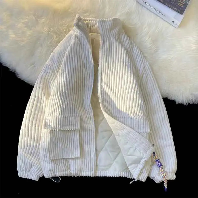 Winter Warm Corduroy Parkas Women Y2K Korean Streetwear Solid Stand Collar Puffer Jacket Bf Loose Preppy Zipper Fluffy Outwear voguable
