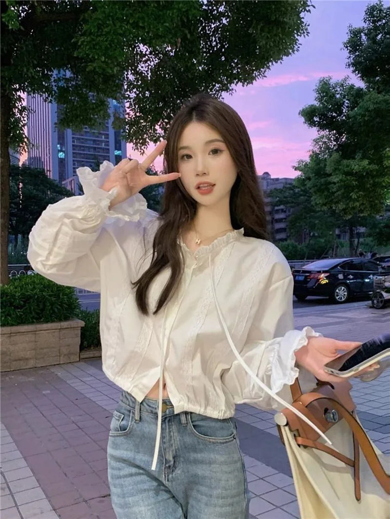 Sexy Slim Cropped White Shirt Women Sweet Lace Patchwork Flare Sleeve Blouse Fashion Fall Ruffled Neck Elegant Korean Chic Tops voguable