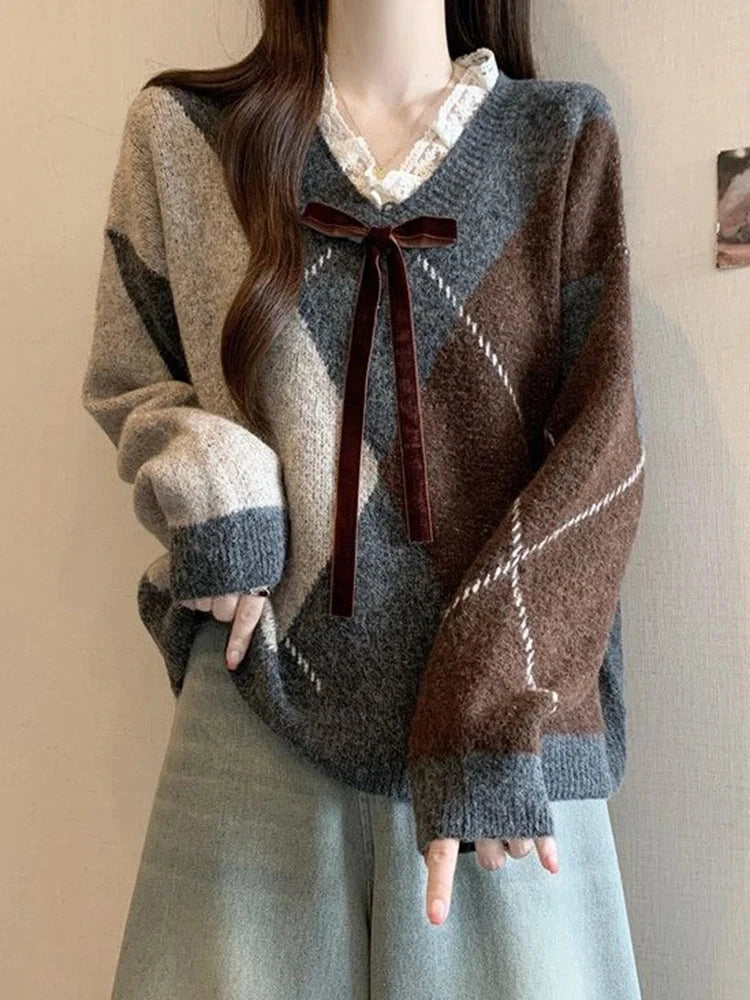Sweet Bow Argyle Sweaters Women Retro Preppy Style Loose Knitted Pullover Lace Patchwork Long Sleeve Female Vintage Jumpers Fall voguable