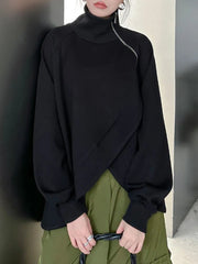 Loose Fit Black Zipper Irregular Sweatshirt New Turtleneck Long Sleeve Women Big Size Fashion Spring Autumn voguable