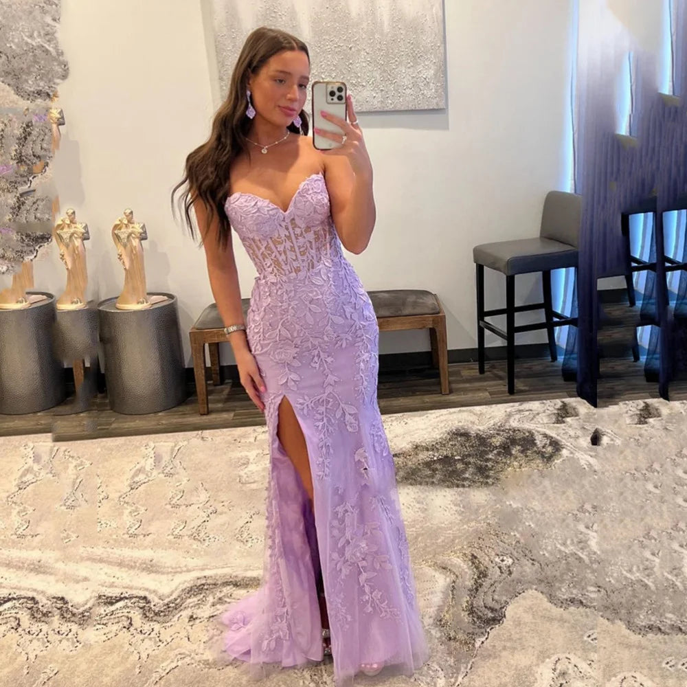 Voguable   Lilac Lace Embroid Evening Dress Sexy Mermaid Prom Dress Strapless Fishtail Party Dress Trumpet voguable