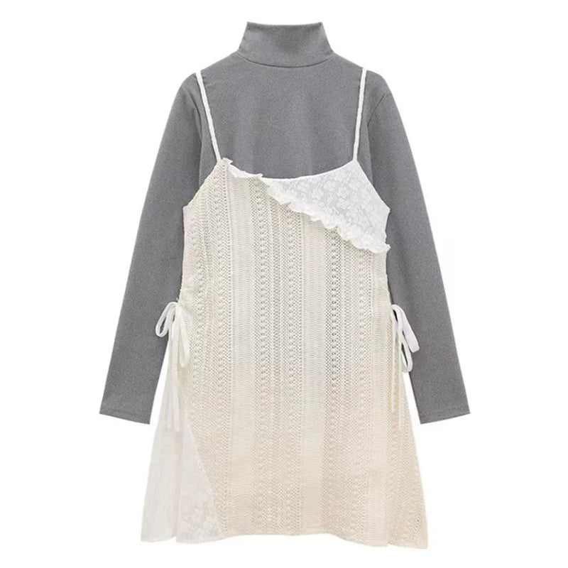 Voguable 2024 Spring New Korean Hollow Loose Casual Asymmetric Lace Sling Dress Women + Solid Color Long-sleeved T-shirt Two-piece Suit voguable