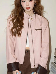 Pink Vintage Biker Pu Jacket Women Long Sleeve American Casual Y2K Coat Fall Winter Moto Female O Neck Streetwear Retro Top voguable