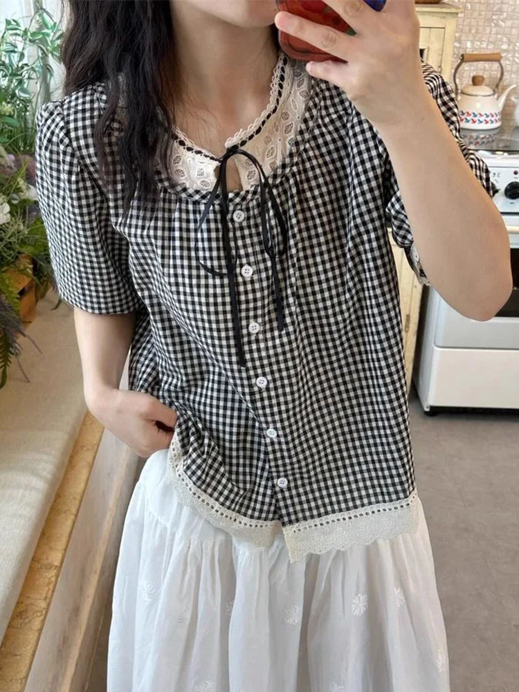 Sweet Vintage Women Plaid Blouse Casual Preppy Style Lace Patchwork Loose Shirt Cute Retro Female Short Sleeve Lace Up Tops voguable
