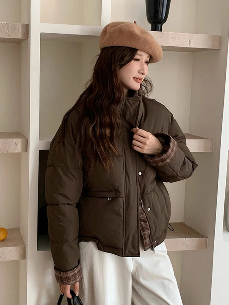 Winter Retro Puffy Parkas Women Warm Thick Plaid Patchwork Cute Coat Casual Preppy Style Korean Long Sleeve Cotton Jackets voguable