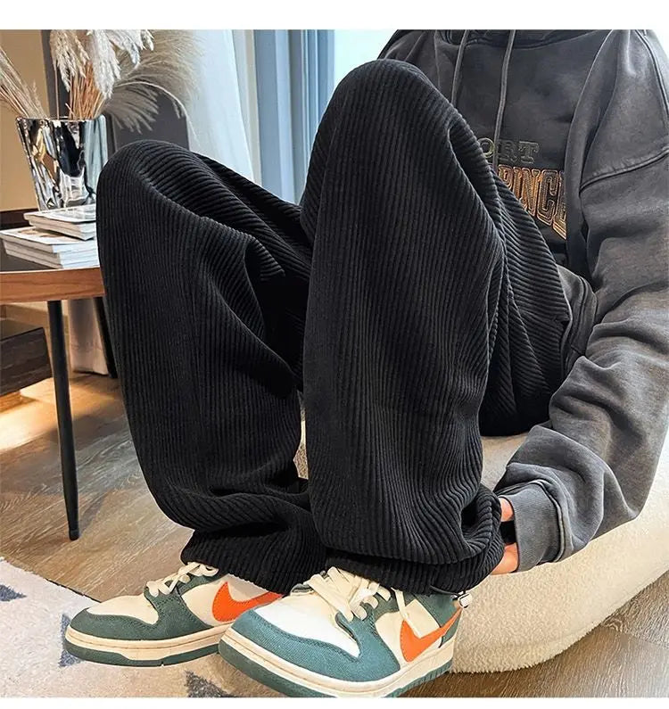 Autumn Corduroy Straight Trousers Men Loose Solid Casual Drape Trousers Harajuku Fashion Drawstring Street Wide Leg Sweatpant voguable