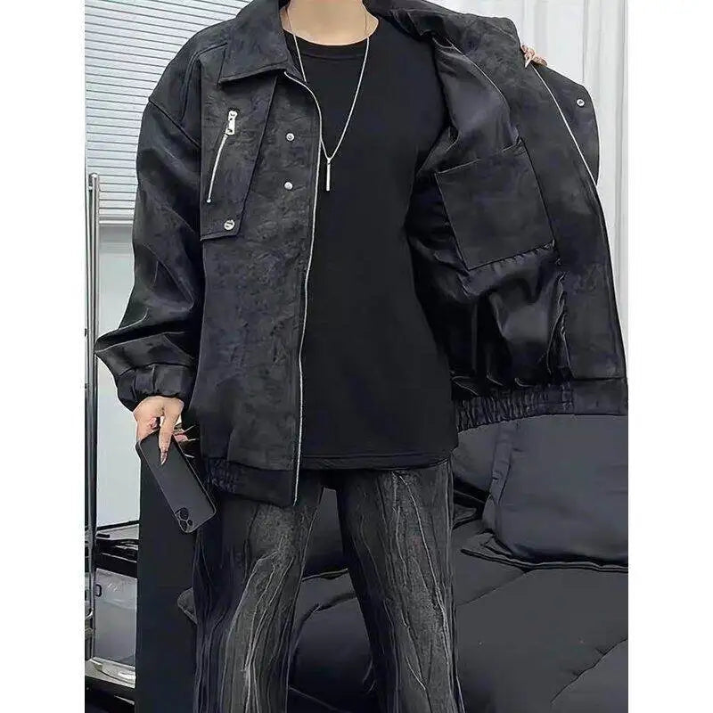 Mens Loose Fit Streetwear Jacket Hip hop Dance Lapel Collar Spring Fashion Trendy Youth Urban Outerwear Stylish Coat voguable