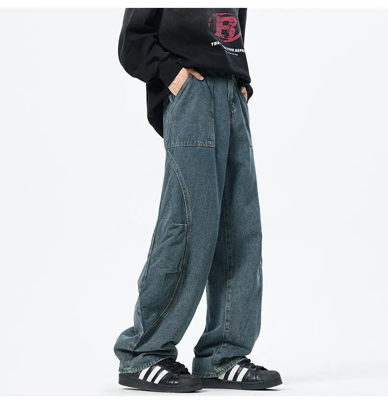 Patchwork style Men's Baggy Straight Jeans Personality unisex Fashion Korean High Street Denim Pants Streetwear Male Trousers voguable