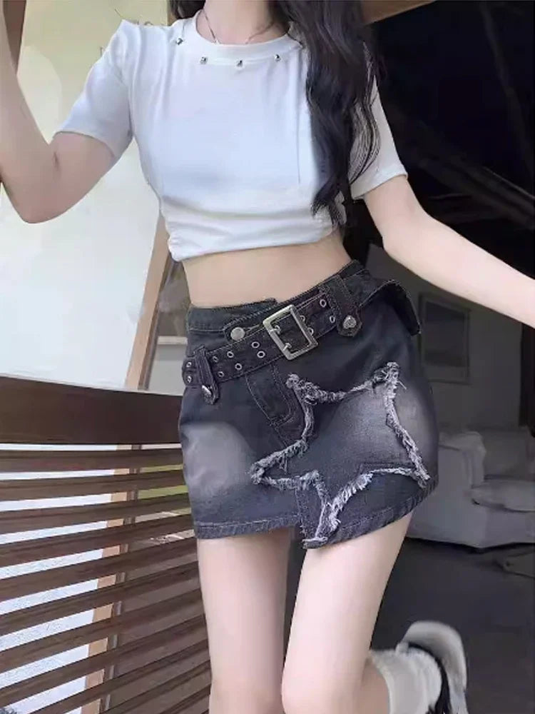 Voguable  2000s Sreetwear Clothes Summer Women Black Gothic Denim Skirts Harajuku Mini Jean Skirt Vintage Y2k Aesthetic Oversize Skirt voguable