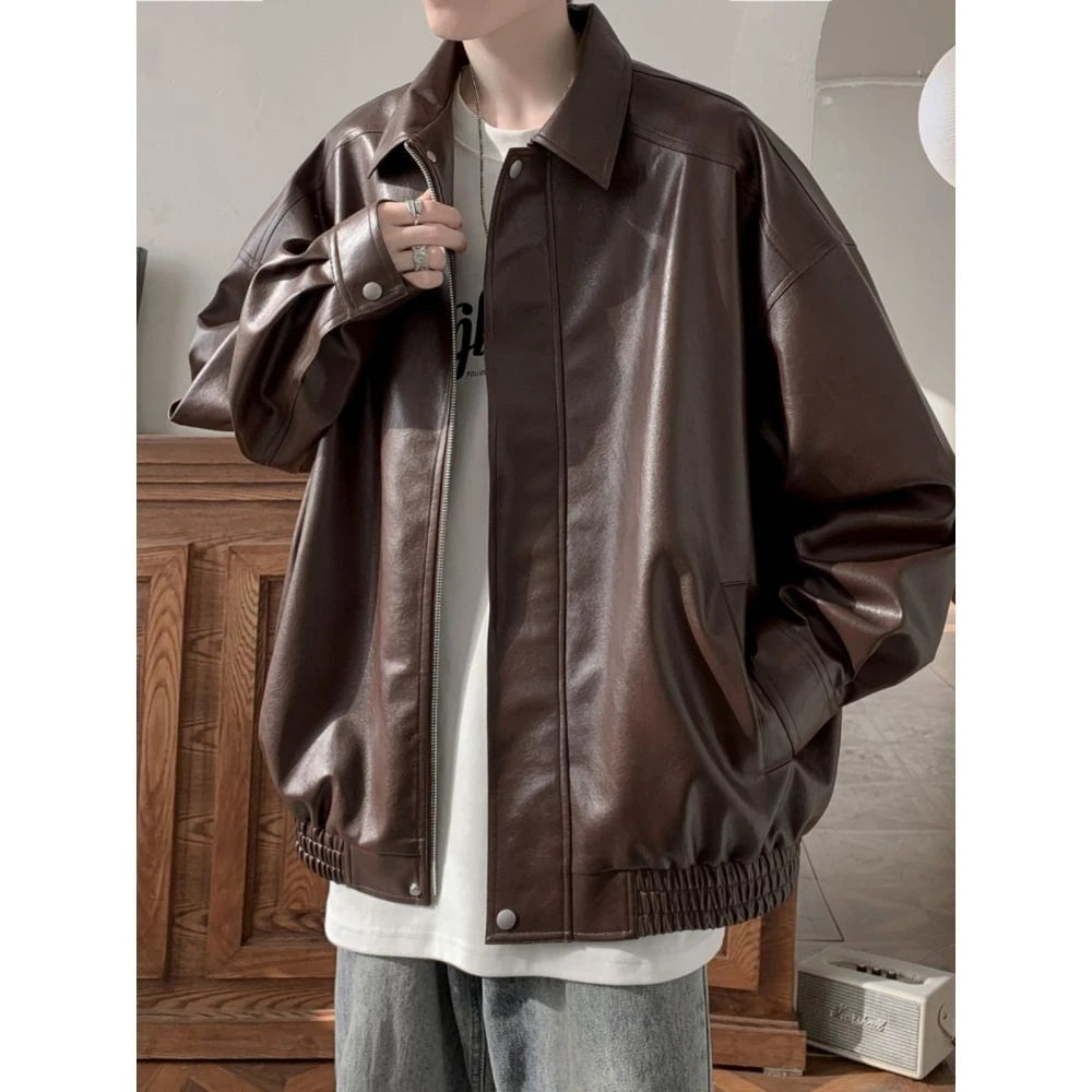 Brown Pu Leather Jacket Men and Women American Vintage Autumn High-end Casual Lapel Zipper Loose Fashion Motorcycle Jacket voguable