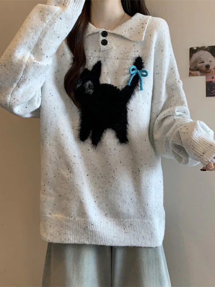 Cute Cartoon Bow Sweaters Women Loose Vintage Long Sleeve Kawaii Knitted Jumper Japan Casual Preppy Style Retro Pullovers voguable