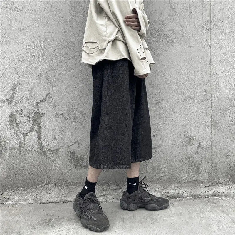 Voguable  Men Loose and Versatile Straight Denim Men's Season Thin Wide-leg Cropped Pants voguable