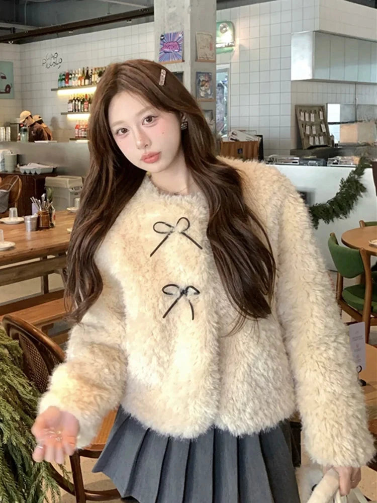 Cute Bow Faux Lamb Coat Women Sweet Winter Long Sleeve O Neck Jacket Slim Warm Korean Female Fashion Preppy Style Outwear Tops voguable