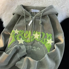 Y2K Letter Embroidered Hoodie Women Autumn Winter Vintage Zip Up Oversized Sweatshirt Harajuku Long Sleeve Hooded Jacket Clothes